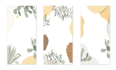 Modern summer vertical abstract background template with prickly pear cactus, agave, and olive branches. Vector illustration.