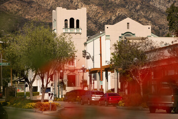 Afternoon view of a historic church in downtown Monrovia, California, USA.