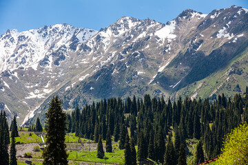 Serpentine road to the Big Almaty Lake. Hills in the Zailiyskiy Alatau Mountains, Tien Shan mountain system in Kazakhstan..Big Almaty Gorge