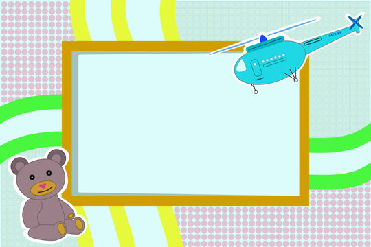 Beautiful photo frame for a child, a boy with a helicopter and a teddy bear