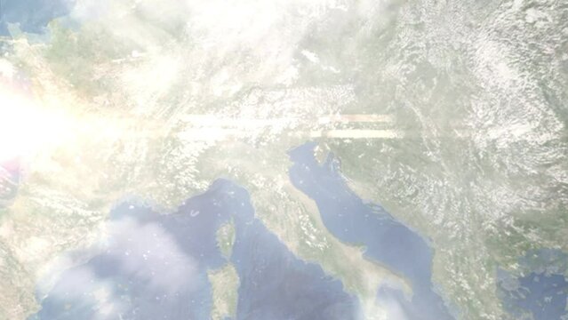Earth zoom in from outer space to city. Zooming on Andria, Italy. The animation continues by zoom out through clouds and atmosphere into space. Images from NASA