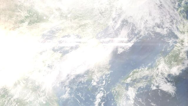 Earth zoom in from outer space to city. Zooming on Hanam, Gyeonggi-do, South Korea. The animation continues by zoom out through clouds and atmosphere into space. Images from NASA