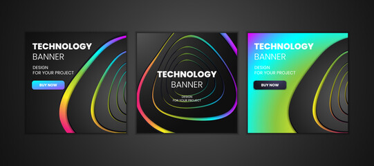 Modern technology banners collection in geometry style. Futuristic hi-tech colorful background set. Vector illustration.
Dynamic neon abstractions for typography, design frame for social media post.