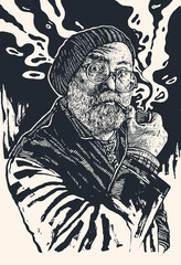 Middle-aged Man In Round Glasses With Moustaches, Gray Beard and Smoking Pipe. vector illustration.