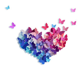 Fototapeta na wymiar Decorative flying butterflies pattern in heart shape isolated on white background with copy space. Spring, summer season concept.