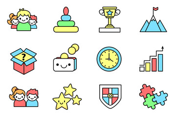 Vector colorful icons set for preschool education, achievements, development, economy, safety, play, small kids, preschool development icons