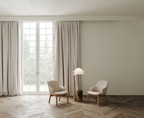 Fototapeta na wymiar 3d rendering of modern classic living room with beige chairs and golden table, modern chandelier, wooden parquet. Forest view from the panoramic windows. 