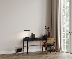 Home office or workplace with vintage dark blue table and wooden chair. Forest view from the panoramic windows. Decorative books, lamp, poster and photo frames, apartment mockup