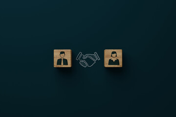 Wooden blocks with an icon of a man, woman and shaking hands with consent. Divorce, mediation concept. Troubleshooting by a mediator. 3d render - obrazy, fototapety, plakaty