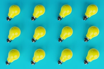 Top view of a bunch of yellow light bulbs over a blue background. The concept of the formation of ideas, creativity, problem solving. 3d render
