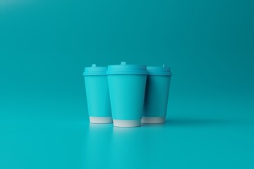 Blue cardboard coffee mug. Concept of drinking coffee in the city, buying coffee at a fast food station. Running and chasing time. 3d render