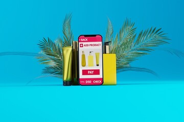 A phone with an application for online shopping on the background of cosmetics. Concept of ecommerce, online shoping of cosmetics. Fashion and beauty. 3D rendering, 3D illustration.