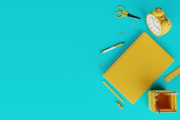 View of school supplies, notebook, pens, alarm clock. Concept for back to school, learning. Students learning. Yellow school items on a blue background. 3d rendering, 3d illustration.