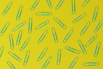 Yellow office paper clips on a blue background. Concept of office work, creativity. 3d render, 3d illustration.
