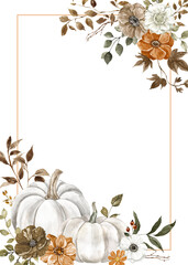 Floral border with pastel pumpkins, rust, brown and white flowers and tree leaves. Fall botanical frame. Watercolor hand-painted illustration.