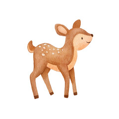 Watercolor Baby Deer character. Hand drawn cute fawn. Cartoon illustration isolated on white.