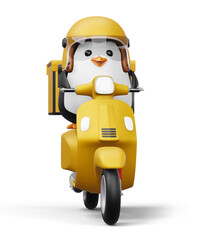 Cute penguin riding scooter, penguin delivery, 3d rendering
