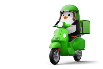 Cute penguin riding scooter, penguin delivery, 3d rendering