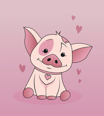 cute pink pig. vector illustration. hearts. pet. love. art. animals. toy, piggy