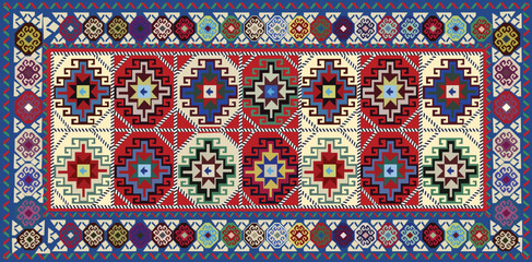 Carpet or rug in Turkish style- beautiful handmade textile product, element of the traditional home element in countries of Central Asian region. Uzbekistan culture. Turkish people. 
