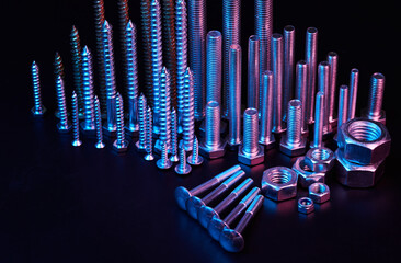 Set of bolts nuts nails metal fasteners. Consumable hardware tools. assortment steel screws...