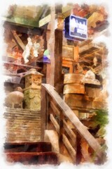 Antique shop landscape watercolor style illustration impressionist painting.