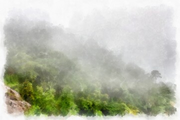 landscape of mountains forests trees and fog watercolor style illustration impressionist painting.