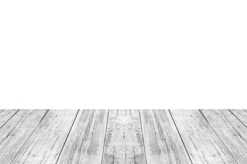 Empty white wooden table top isolated on white background