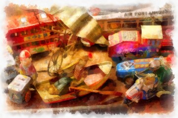 Antique shop landscape watercolor style illustration impressionist painting.