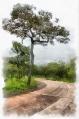 landscape of mountains forests trees and fog watercolor style illustration impressionist painting.