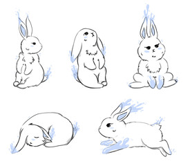 Hand drawn rabbits in minimalism style. Water rabbit symbol of the year 2023. Iluustration for calendar, pattern, gifts. Bunnys with a pencil texture on isolated white background.