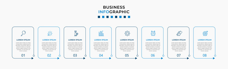 Vector Infographic design business template with icons and 8 options or steps. Can be used for process diagram, presentations, workflow layout, banner, flow chart, info graph