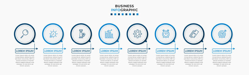 Vector Infographic design business template with icons and 8 options or steps. Can be used for process diagram, presentations, workflow layout, banner, flow chart, info graph