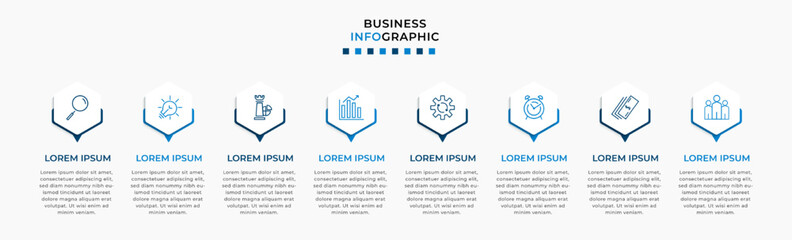 Vector Infographic design business template with icons and 8 options or steps. Can be used for process diagram, presentations, workflow layout, banner, flow chart, info graph