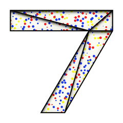Number 7 made of black metal frame with colored dots, isolated on white, 3d rendering