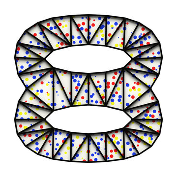 Number 8 made of black metal frame with colored dots, isolated on white, 3d rendering
