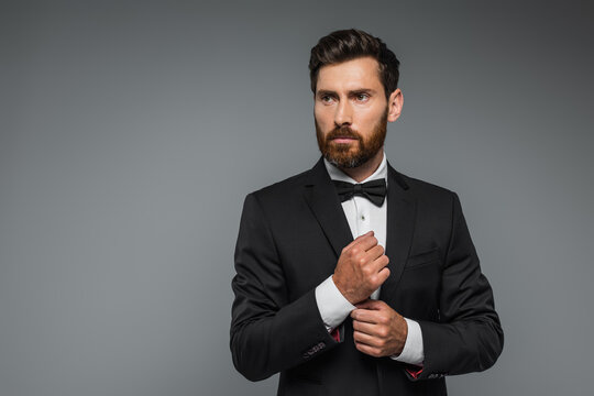bearded man in black tuxedo with bow tie adjusting sleeve on white shirt isolated on grey.