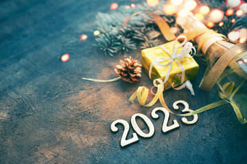 new year 2023 holidays card background with festive decorations