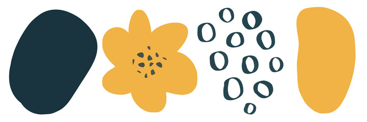 Set of abstract uneven shapes, flower, spots, circles. Hand drawn. Isolated on a white background.