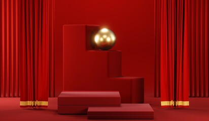 3D rendering of blank product background for cream cosmetics Modern red podium background