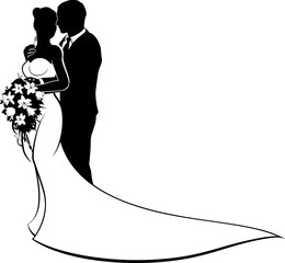 Bride and groom wedding couple in silhouette with white bridal dress gown holding a floral bouquet of flowers