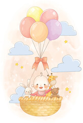 Cute Baby Girl with Bunny Teddy Bear Giraffe Riding Hot Air Balloon
