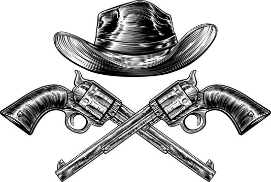 A cowboy western hat and pair of crossed pistol guns in a vintage etched engraved style