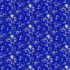 Seamless lace pattern of abstract silver flowers and curls on a blue background. Elegant Russian ethnic ornament in vintage style. Romantic design for background and textiles