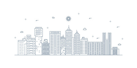Fototapeta premium Cityscape. Modern flat line landscape vector. City landscape line art illustration with building, tower, skyscrapers. Vector illustration.