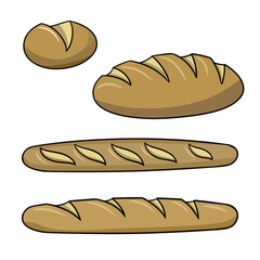 A set of color pictures, different loaves of white wheat bread, vector cartoon