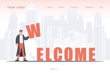 Obraz na płótnie Canvas Welcome landing page. A man stands and holds the letter W in his hands. The initial page for the site. Trendy cartoon character. Vector illustration.