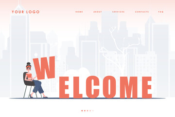 Obraz na płótnie Canvas Welcome landing page. The girl sits and holds the letter W in her hands. The start page of the site. Trendy cartoon character. Vector illustration.