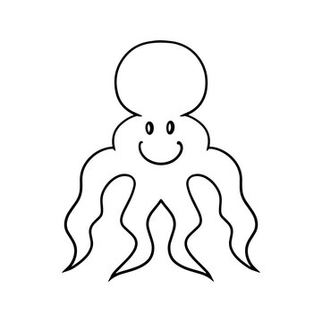 Monochrome picture, sea life, cute octopus character, vector cartoon