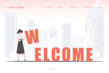 Welcome landing page. The girl stands and holds the letter W in her hands. The start page of the site. Trendy cartoon character. Vector illustration.